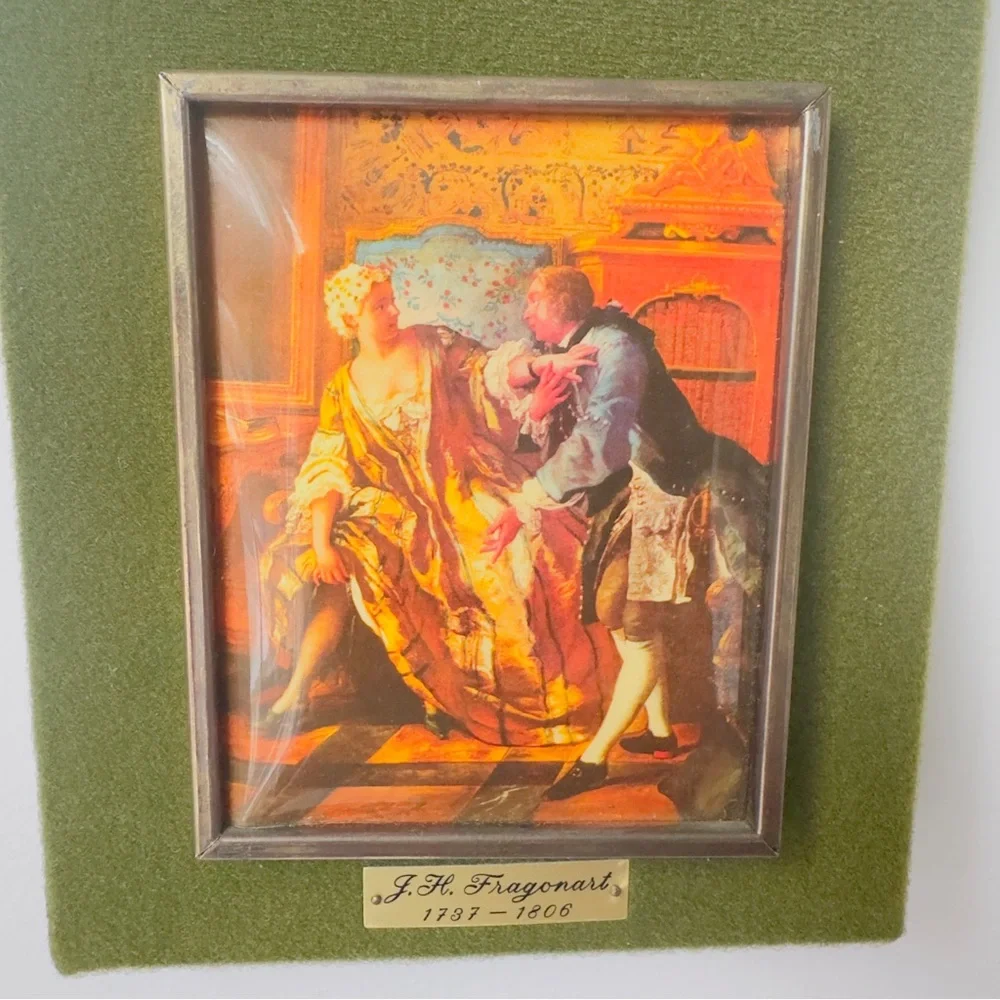 Vintage Framed Velvet Print Cameo 60-70's The Garter 5x6.5 See Story Description
